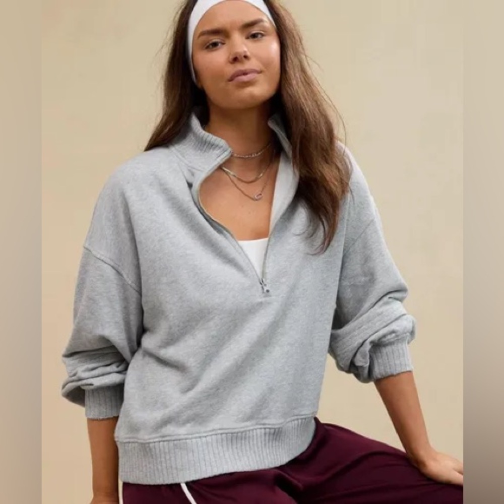 Aerie Light Gray Sun's Out Quarter Zip Cotton Sweatshirt - Medium
